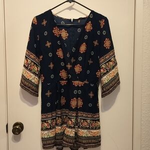 Navy Boho Chic Floral Women's Jumpsuit Shorts. Size Medium.
